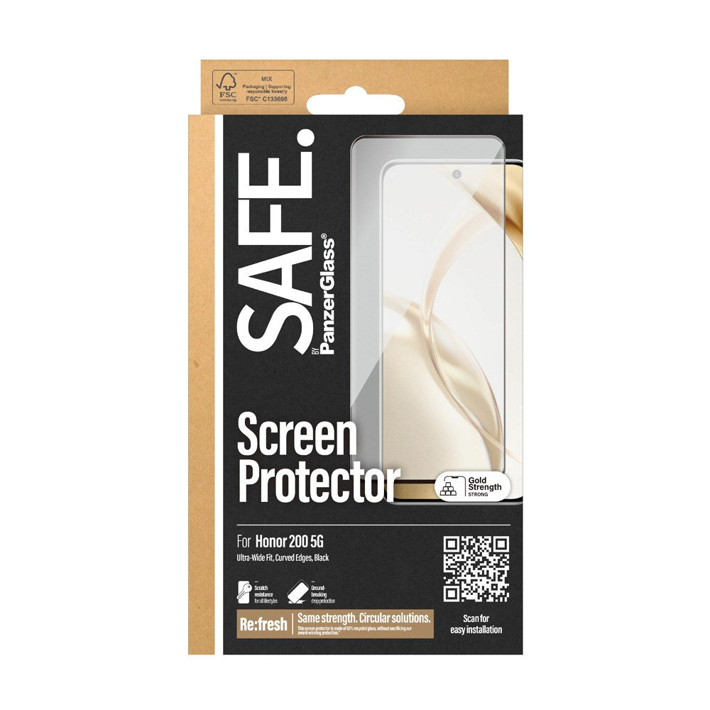 Honor 200 Safe By PanzerGlass® Ultra-Wide Fit Beskyttelsesglass - Case Friendly - Gold Strength - Gjennomsiktig / Svart Kant