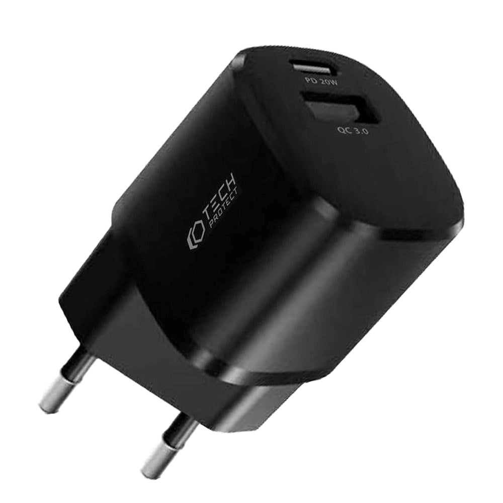 Tech-Protect 20W Vegglader med 1 x USB-A QC og 1 x USB-C PD - Svart