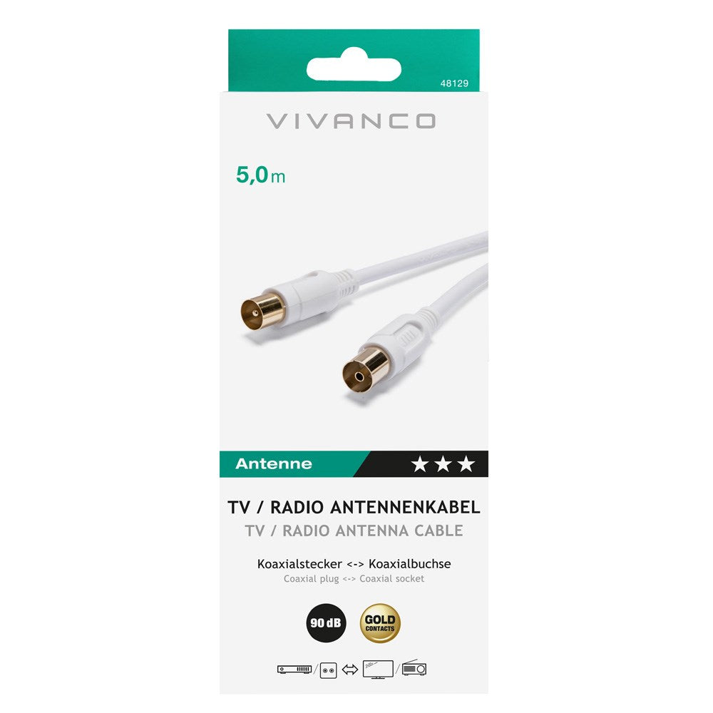 Antennekabel Koaksial 90DB M-F - 5m Hvit