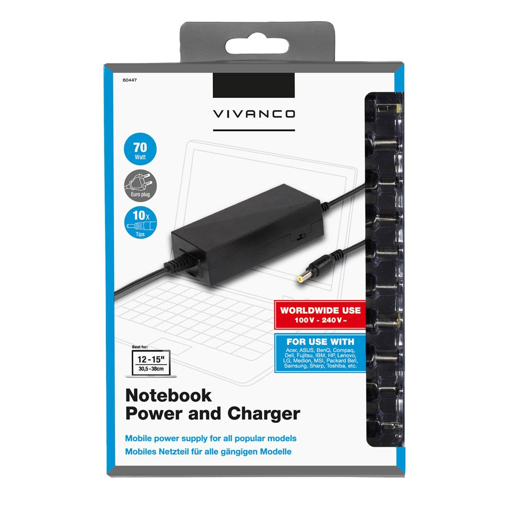 Vivanco Laptop-Lader 70W med 10 Adaptere - Svart