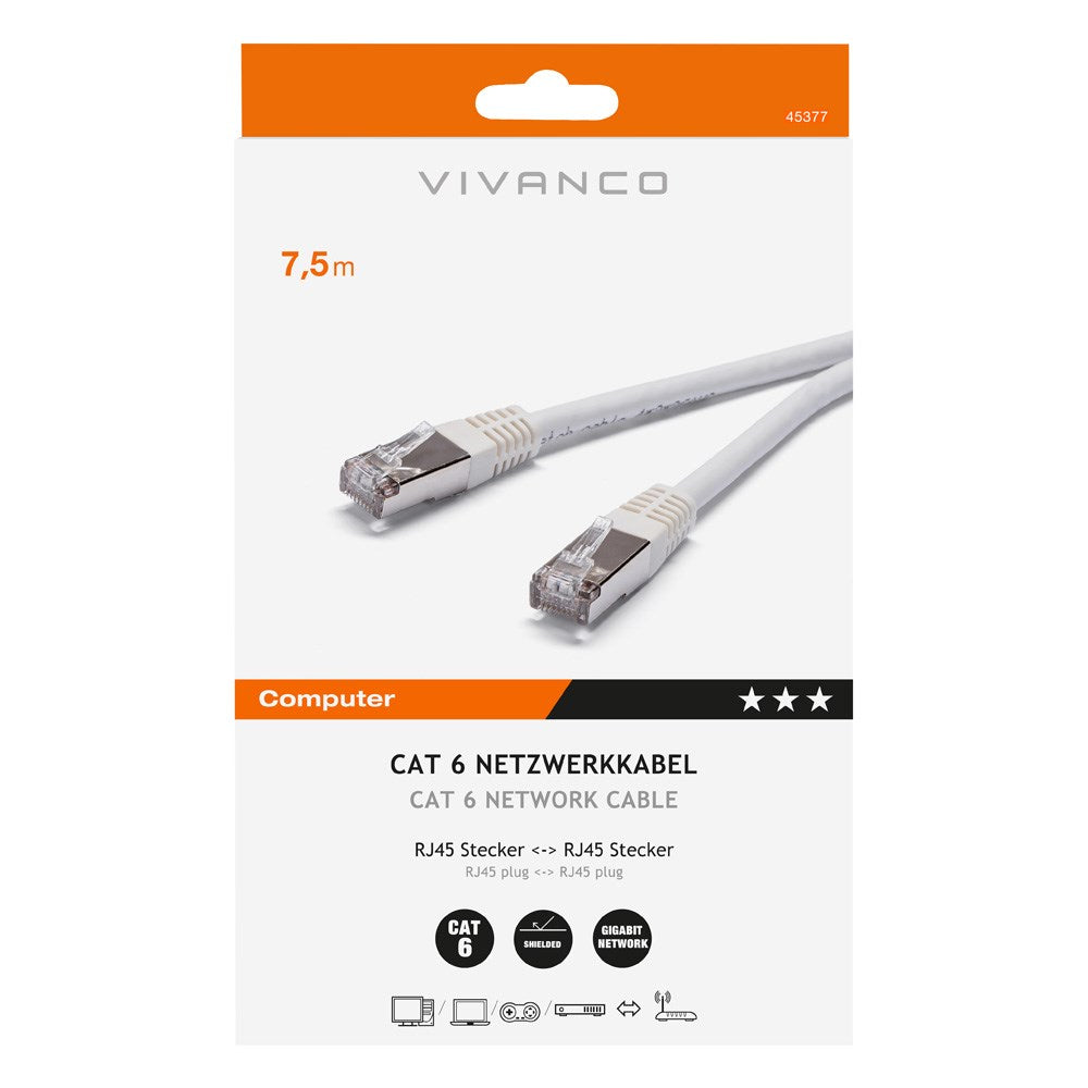 Nettverkskabel RJ45 Cat 6 M-M - 7.5m Hvit